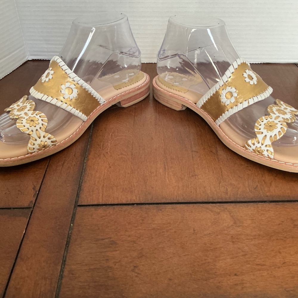 Jack Rogers Georgica Slide Sandals Gold White Metallic Whipstitch Floral Mens 6M - Picture 5 of 8